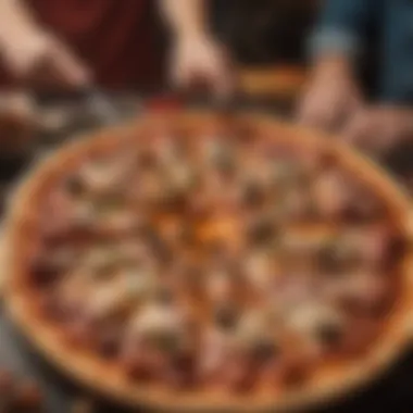 A group of friends enjoying pizza at a lively gathering.