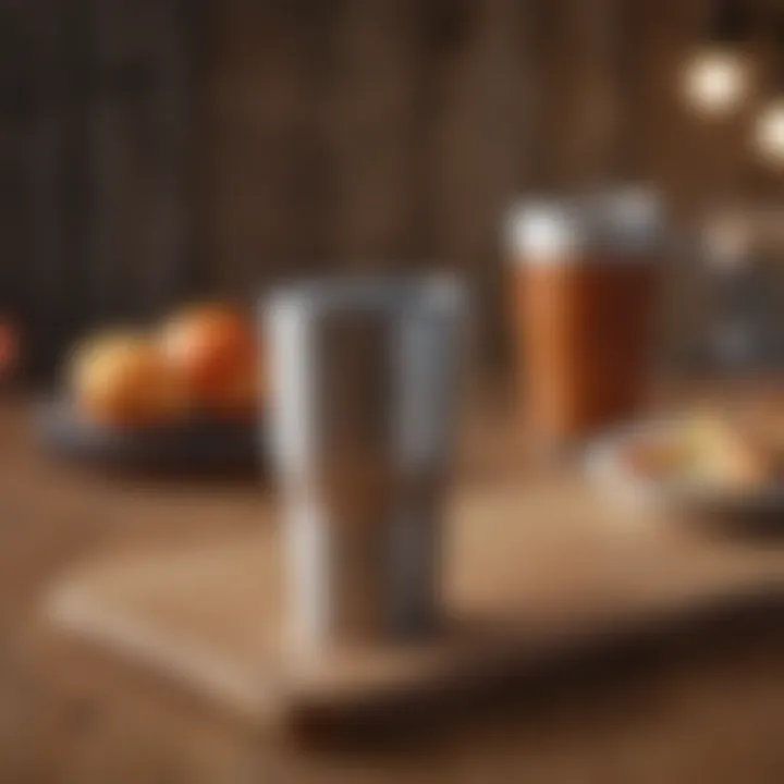 Sleek stainless steel travel mug on a wooden table