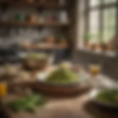 Rustic Kitchen Setting with Asparagus Pasta Ingredients A rustic kitchen setting with asparagus pasta ingredients