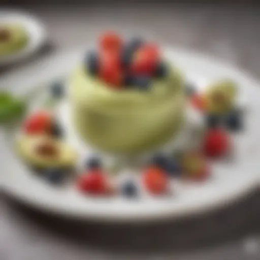 A beautifully plated avocado mousse topped with fresh berries