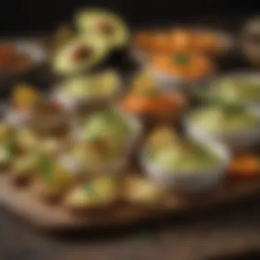 Colorful Array of Avocado-Based Dips Colorful array of avocado-based dips presented on a rustic platter