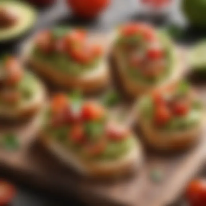 A vibrant avocado bruschetta topped with diced tomatoes and herbs