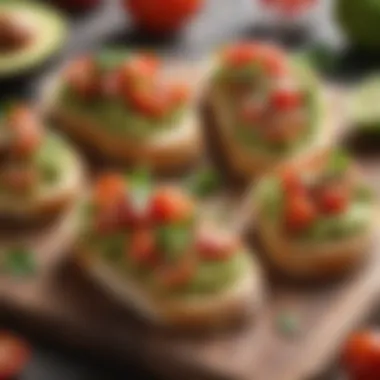 Vibrant Avocado Bruschetta A vibrant avocado bruschetta topped with diced tomatoes and herbs