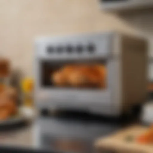 A sleek air fryer toaster oven with rotisserie function in a modern kitchen setting, showcasing versatility.