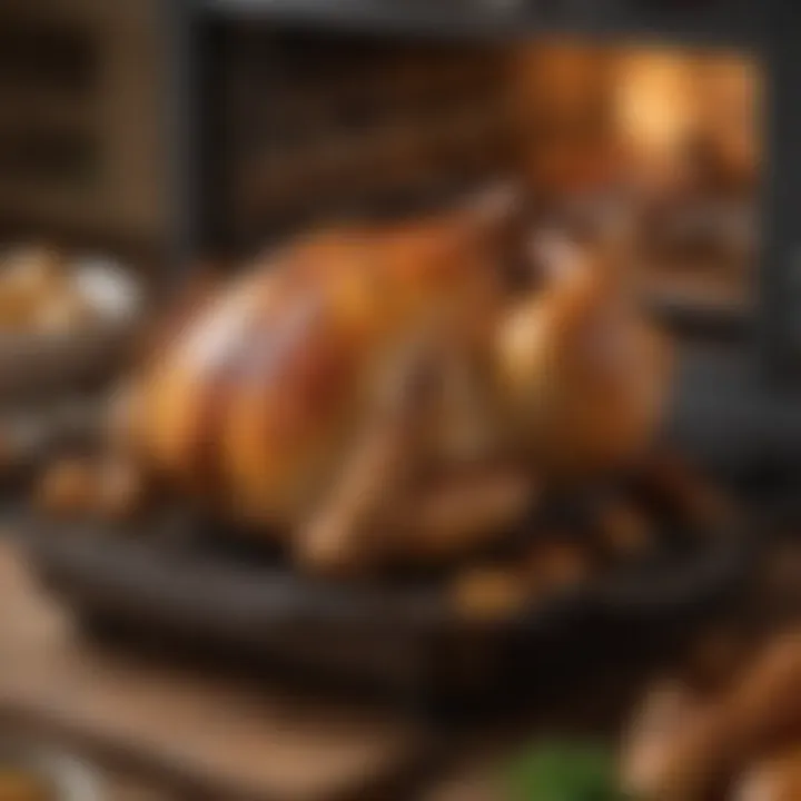 A beautifully roasted chicken inside an air fryer toaster oven, highlighting the rotisserie feature.