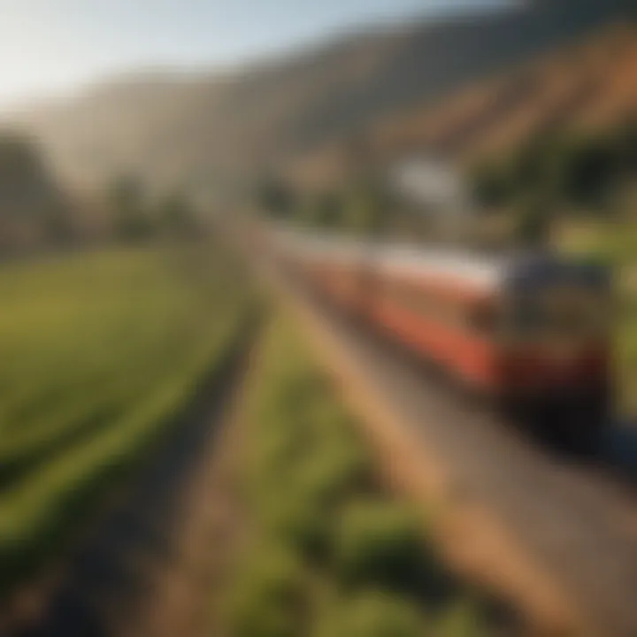 A vintage train passing through scenic landscapes and vineyards