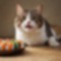 A playful cat engaging with a toy shaped like a sushi roll