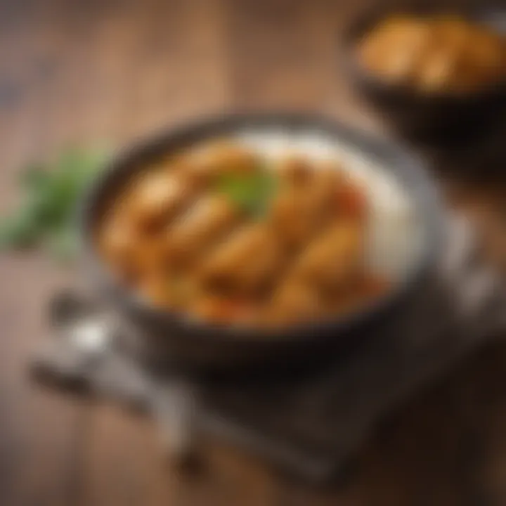 A delectable chicken curry served with rice and herbs