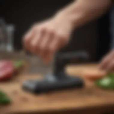 Knife Maintenance Techniques A close-up of a knife sharpener in action, demonstrating proper maintenance techniques