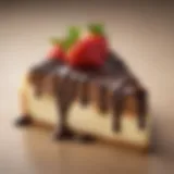 A close-up of a chocolate-covered cheesecake strawberry, showcasing its glossy finish and creamy texture.