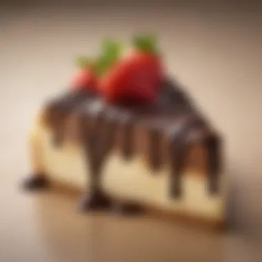 A close-up of a chocolate-covered cheesecake strawberry, showcasing its glossy finish and creamy texture.