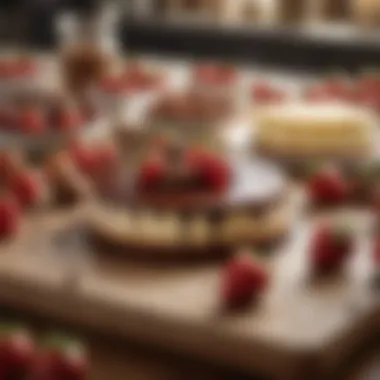 Ingredient Showcase: Preparing for a Sweet Creation A vibrant kitchen scene with ingredients laid out for making chocolate-covered cheesecake strawberries.