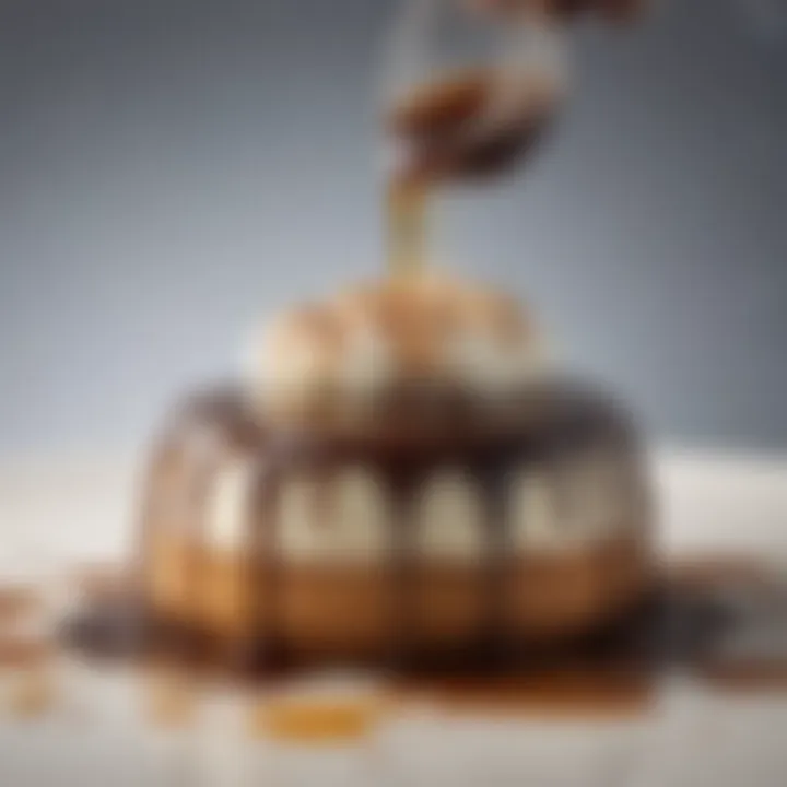 Close-up of a drizzling coffee syrup over a dessert