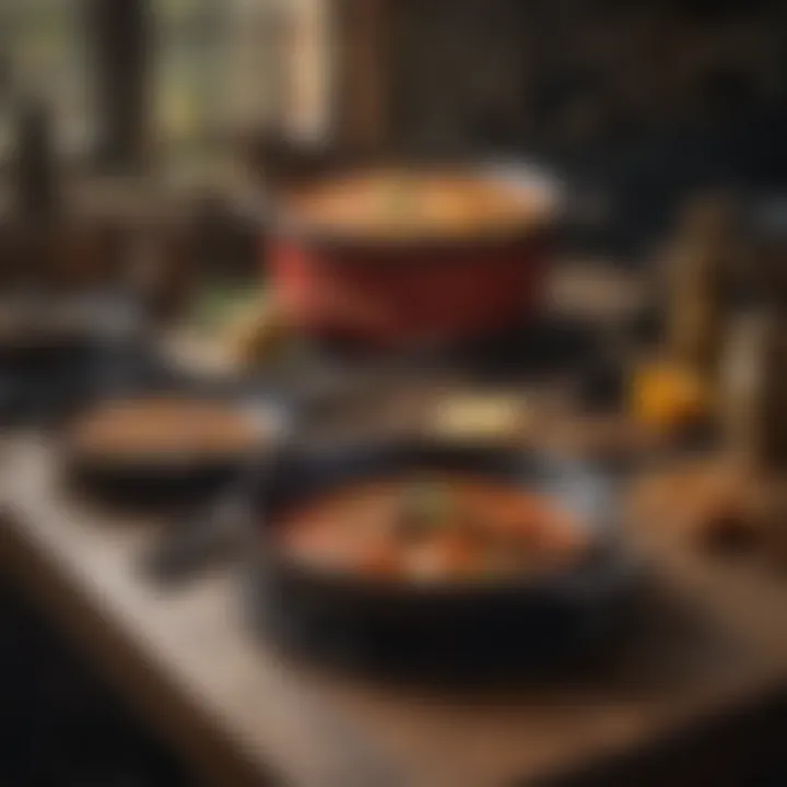 An artistic arrangement of vibrant cast iron cookware alongside historical kitchen tools, highlighting its evolution over time.