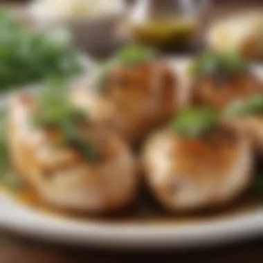 A selection of marinated chicken breasts resting beside fresh herbs