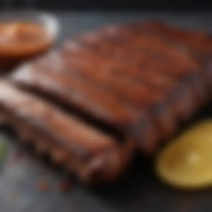 A close-up of freshly smoked ribs with a rich glaze