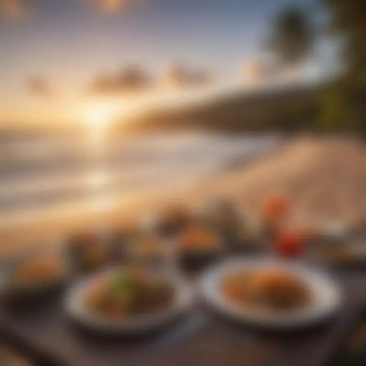 A breathtaking view of a sunset dinner setting on a beach with local cuisine