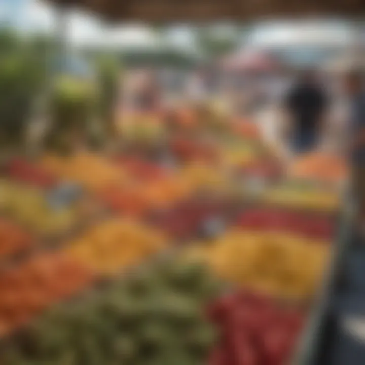 A colorful farmers market stall filled with tropical fruits and local produce