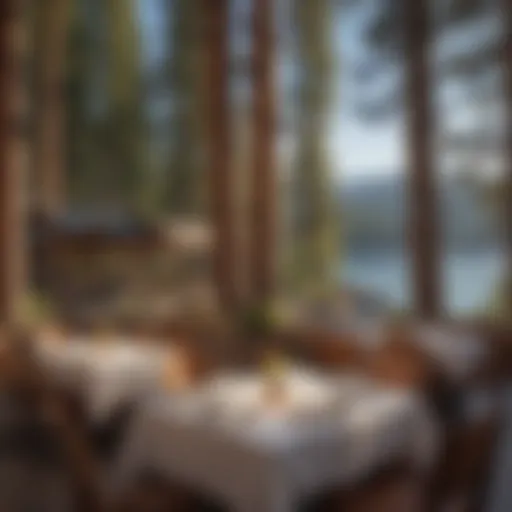 Stunning view of a Lake Tahoe restaurant nestled among pine trees