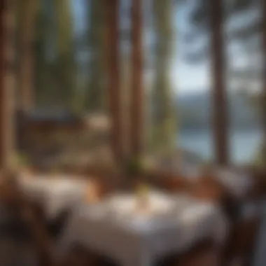 Scenic Dining at Lake Tahoe Stunning view of a Lake Tahoe restaurant nestled among pine trees