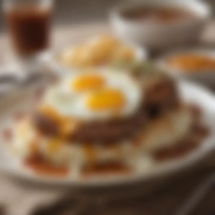 An inviting plate of loco moco featuring rice, hamburger patty, fried egg, and gravy