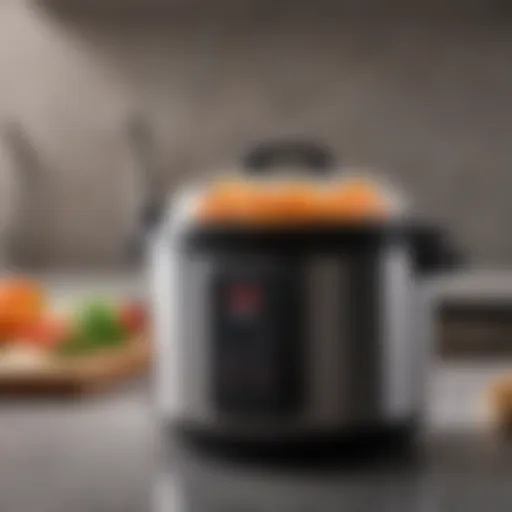 A sleek modern pressure cooker on a kitchen countertop