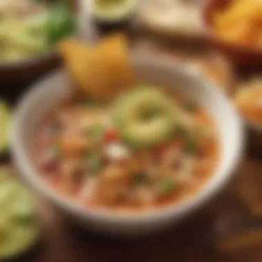 A vibrant and hearty chicken tortilla soup topped with crispy tortilla strips and avocado