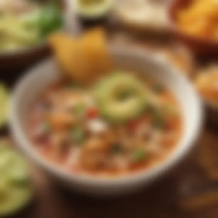 A vibrant and hearty chicken tortilla soup topped with crispy tortilla strips and avocado