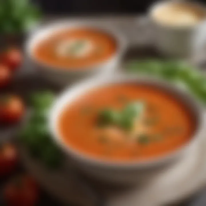 A rich and creamy bowl of tomato basil soup garnished with fresh basil leaves