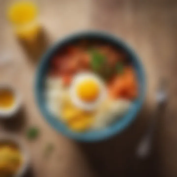 A colorful breakfast bowl featuring rice and egg