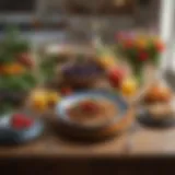 A beautifully set table adorned with colorful dishes and fresh ingredients.