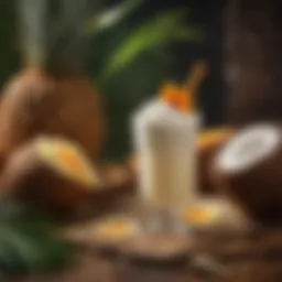 A vibrant tropical drink featuring coconut cream with a decorative garnish