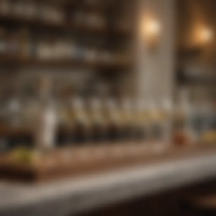 An elegant bar setup featuring various white wines and mixers.