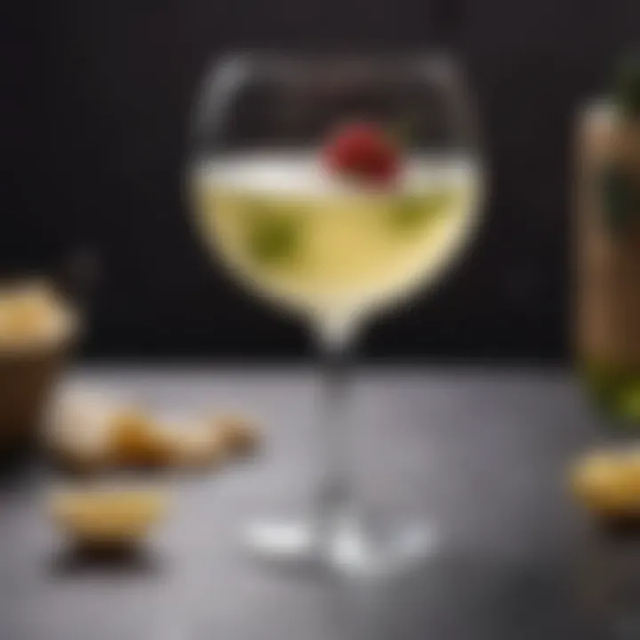 Close-up of a beautifully garnished white wine cocktail.