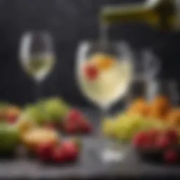 A vibrant glass of white wine cocktail adorned with fresh fruits.