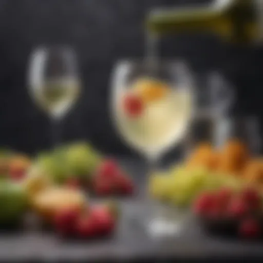 A vibrant glass of white wine cocktail adorned with fresh fruits.