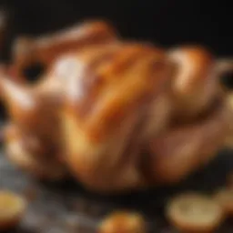 A beautifully roasted chicken with crispy skin and golden browning.