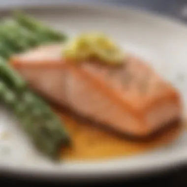 A beautifully arranged baked salmon fillet with a side of asparagus