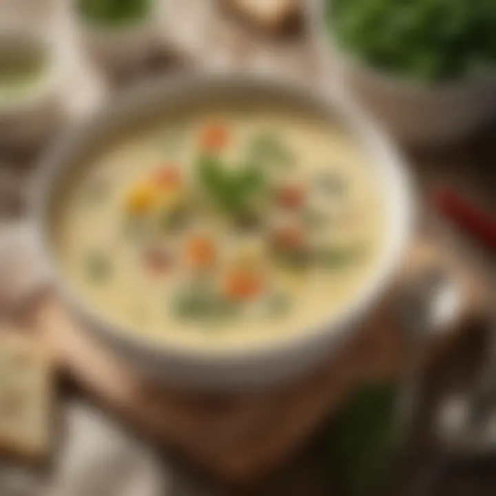 A cozy bowl of creamy soup garnished with fresh herbs and spices