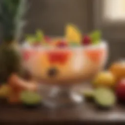 Vibrant fish bowl margarita garnished with tropical fruits