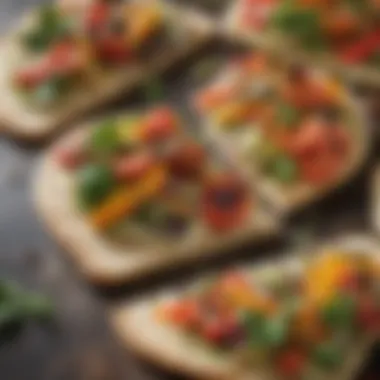Vibrant Vegetable Toppings on Flatbread A close-up of a flatbread toast topped with vibrant vegetables and herbs