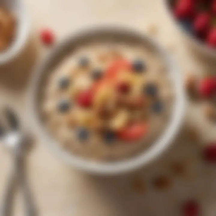 Bowl of oatmeal topped with fresh fruits and nuts