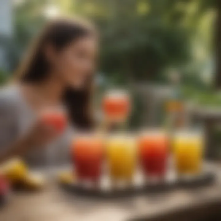 A serene outdoor setting featuring friends enjoying fruity canned drinks, highlighting social enjoyment.