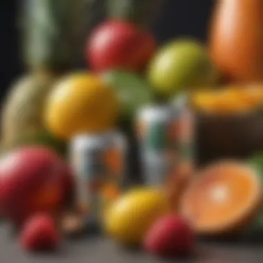 An artistic depiction of tropical fruits alongside a refreshing can of fruity alcohol.