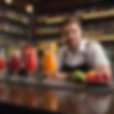 Fruity Drinks at the Bar A bar setting with a bartender showcasing a range of fruity drinks on display.