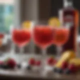 A vibrant array of colorful fruity cocktails garnished with fresh fruit.