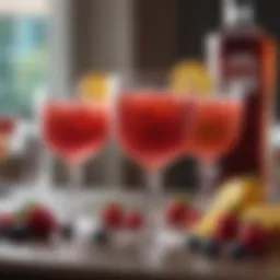 A vibrant array of colorful fruity cocktails garnished with fresh fruit.