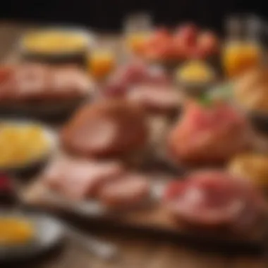 An assortment of honey baked ham desserts arranged elegantly on a wooden table.