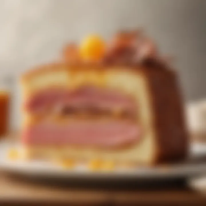 Close-up of a decadent slice of cake infused with honey baked ham flavors.