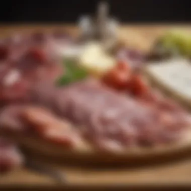 A platter of cured meats such as prosciutto and salami alongside gourmet cheeses